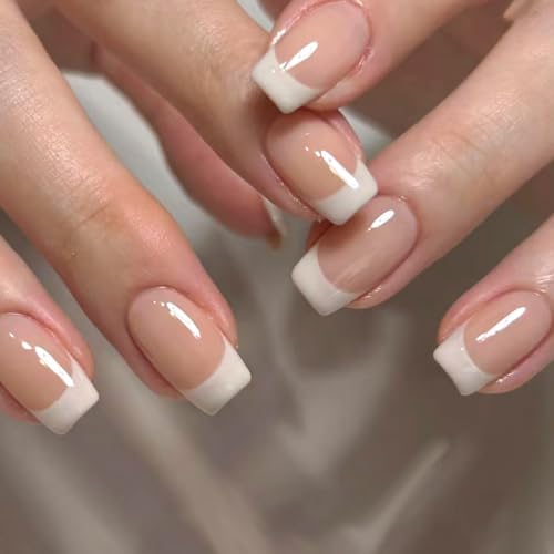 White French Tip Press on Nails Medium Square Fake Nails with Glossy