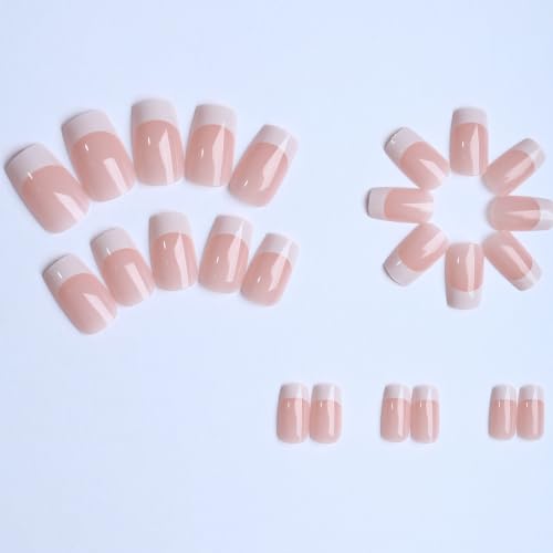 White French Tip Press on Nails Medium Square Fake Nails with Glossy