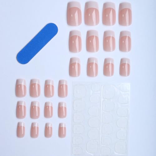 White French Tip Press on Nails Medium Square Fake Nails with Glossy