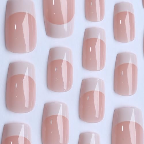 White French Tip Press on Nails Medium Square Fake Nails with Glossy