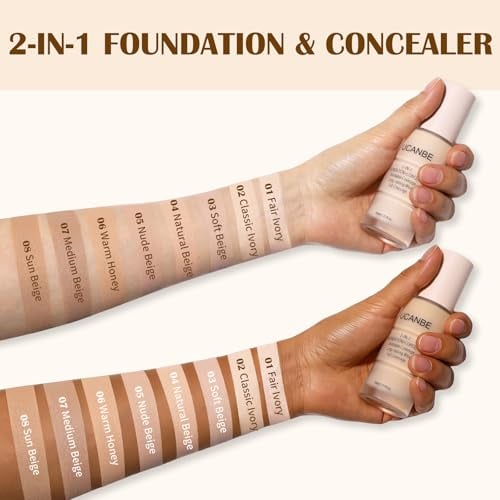 2-in-1 Foundation + Concealer, Full Coverage Makeup(07 Medium Beige)