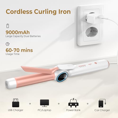 9000 mAh Rechargeable Cordless Curling Iron 28MM USB