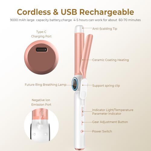 9000 mAh Rechargeable Cordless Curling Iron 28MM USB