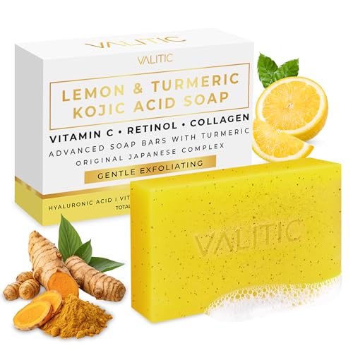 Lemon Turmeric Soap for Dark Spots - Kojic Acid Soap for Face and Body - Exfoliating Bar for Brightening, Skin Tone Corrector with Retinol, Vitamin C, Collagen and Hyaluron