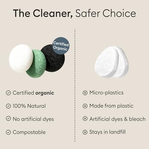 Organic Konjac Facial Sponges 3-Pack Charcoal and Green Clay