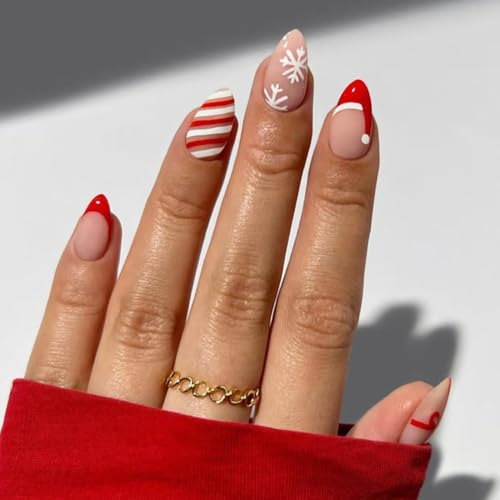 Short Almond Press On Nails Red French Fake Nails With Bow Stripes