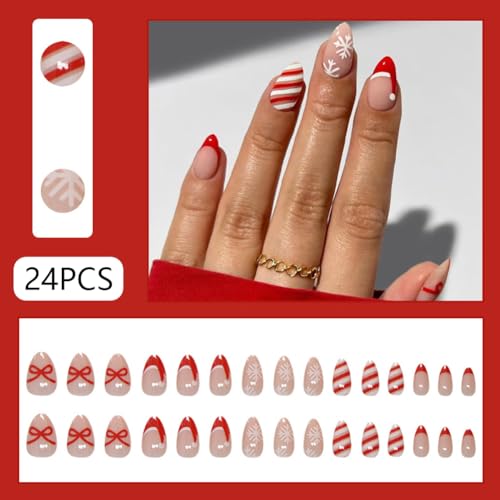 Short Almond Press On Nails Red French Fake Nails With Bow Stripes