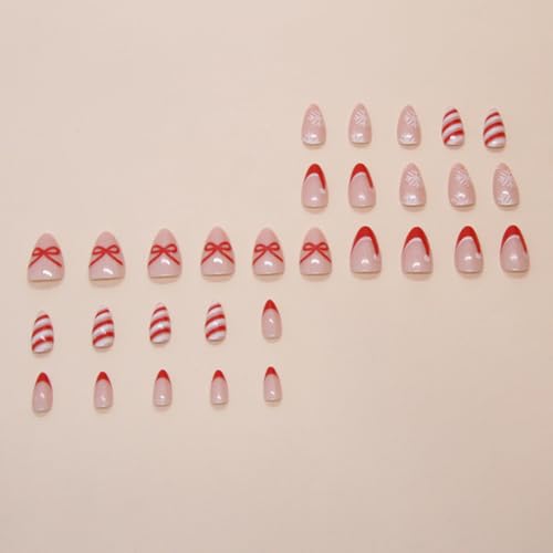Short Almond Press On Nails Red French Fake Nails With Bow Stripes