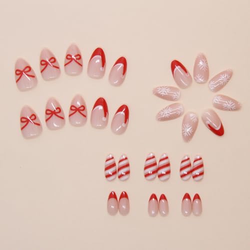 Short Almond Press On Nails Red French Fake Nails With Bow Stripes