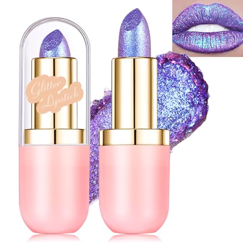 Purple Lipstick Makeup, Holographic Glitter Lip Stick Metallic Shine Long Lasting Lightweight Non-Sticky Hydrating Lip Tinted Full Coverage Sparkling Shimmer Chameleon Lipsti