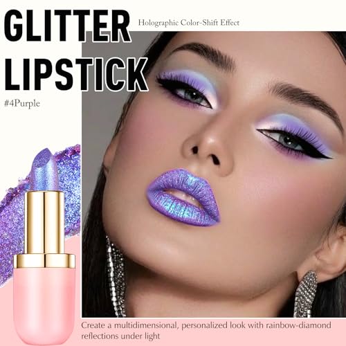 Purple Lipstick Makeup, Holographic Glitter Lip Stick Metallic Shine Long Lasting Lightweight Non-Sticky Hydrating Lip Tinted Full Coverage Sparkling Shimmer Chameleon Lipsti