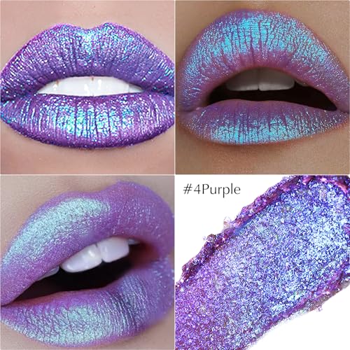 Purple Lipstick Makeup, Holographic Glitter Lip Stick Metallic Shine Long Lasting Lightweight Non-Sticky Hydrating Lip Tinted Full Coverage Sparkling Shimmer Chameleon Lipsti