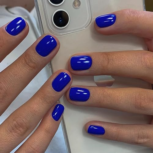 Blue Press on Nails Short Square Fake Nails Glue on Short Square Nails P