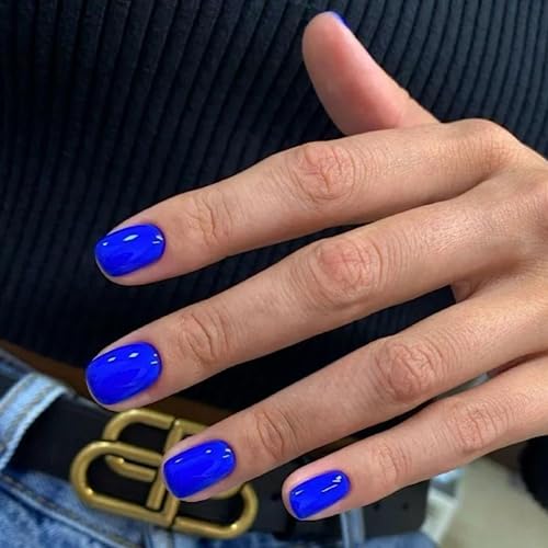 Blue Press on Nails Short Square Fake Nails Glue on Short Square Nails P