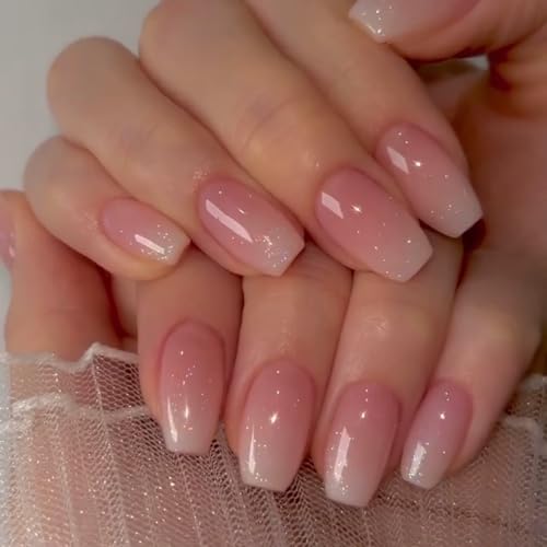 Glitter Ombre Pink Short Coffin Press On Nails