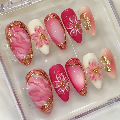 30Pcs Pink Press on Nails Medium Almond Fake Nails with 3D Flowers