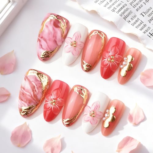 30Pcs Pink Press on Nails Medium Almond Fake Nails with 3D Flowers