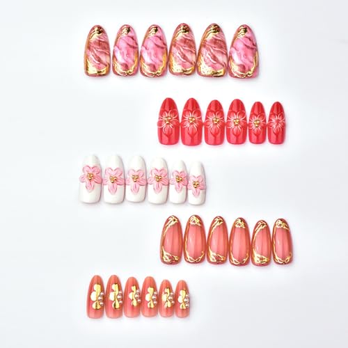 30Pcs Pink Press on Nails Medium Almond Fake Nails with 3D Flowers