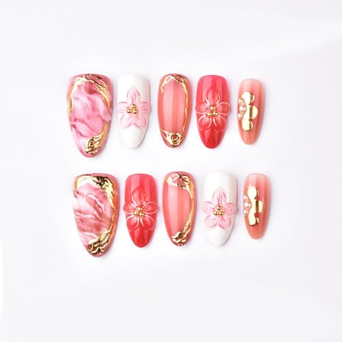 30Pcs Pink Press on Nails Medium Almond Fake Nails with 3D Flowers